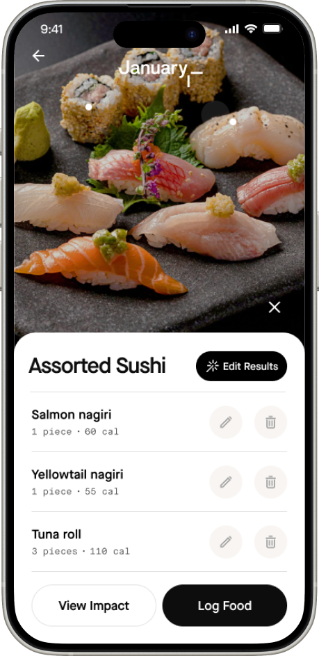January mobile meal scan showing structured nutrition data for a sushi meal